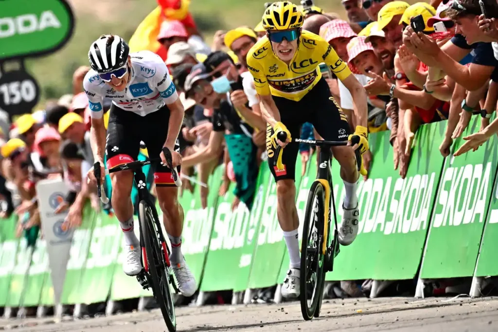 Tadej Pogačar and Jonas Vingegaard battling it out on stage 17 of the 2022 Tour de France